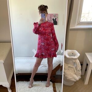 ZARA LONG SLEEVE RED PINK FLORAL PAISLEY DRESS RUFFLES BUTTONED CUFFS ZIPPER
